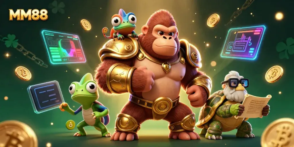 Engage with the MM88 casino scene featuring a gorilla king, chameleon, and tortoise with vibrant gaming elements.