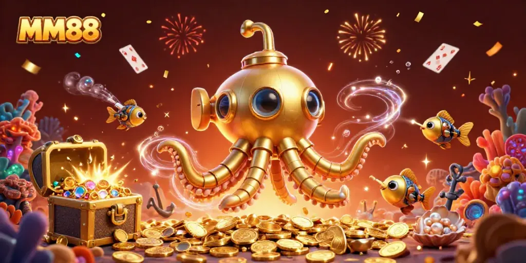 Experience the excitement of MM88 with vibrant underwater casino elements and a kraken submarine amidst golden coins.
