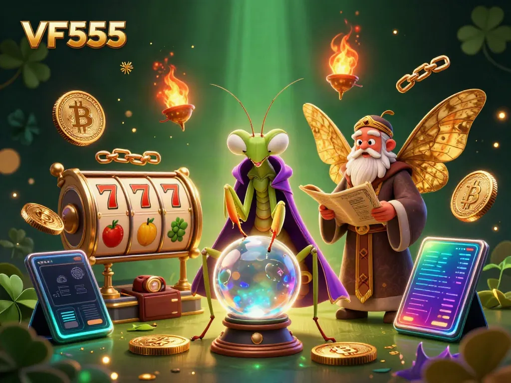Spin the slot reels and reveal your fortune with VF555 in this vivid casino scene.