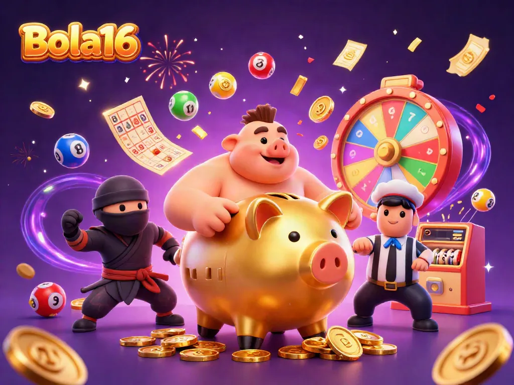 Bola16 features energetic gaming scene with golden piggy bank, ninja wallet, and samurai referee amidst swirling colorful lottery elements