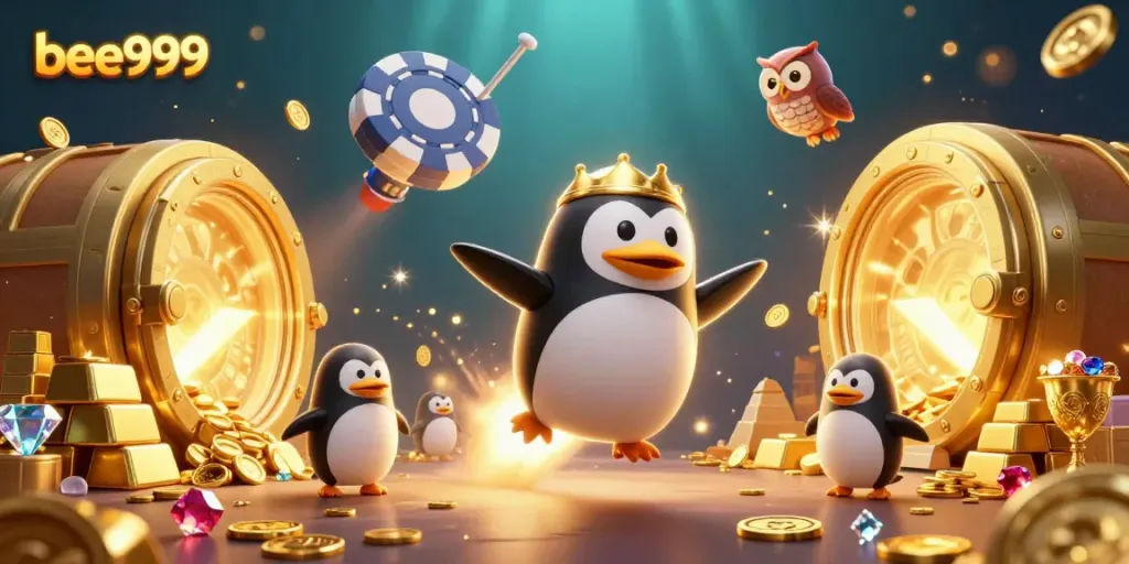 Experience thrilling excitement at bee999 as the golden penguin ascends towards fortune in space.