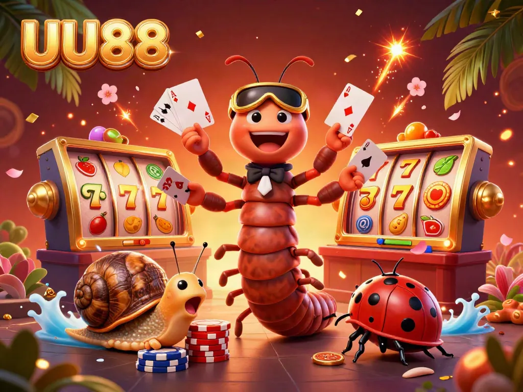 Engage with UU88's thrilling casino experience featuring a charming millipede dealer surrounded by vibrant slot game elements.