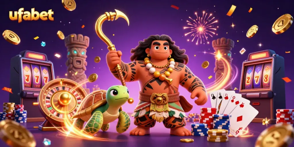 ภาพการ์ตูน 3D ของเทพเจ้าฮาวาย และเต่าที่กำลังสนุกกับ ufabet พร้อมเหรียญทองและเพชรระยิบระยับ