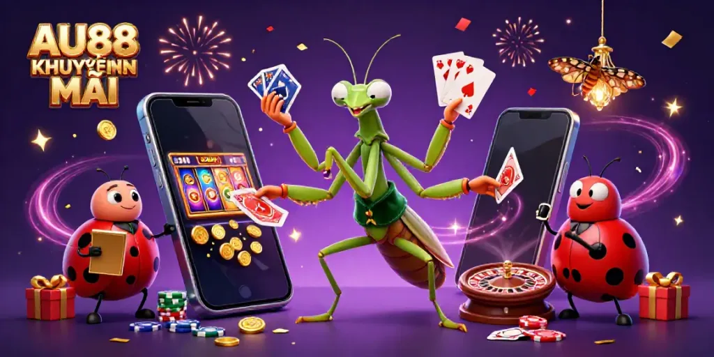 Engage with exciting AU88 KHUYẾN MÃI promotions through festive casino-themed illustration showcasing vivid gaming elements.