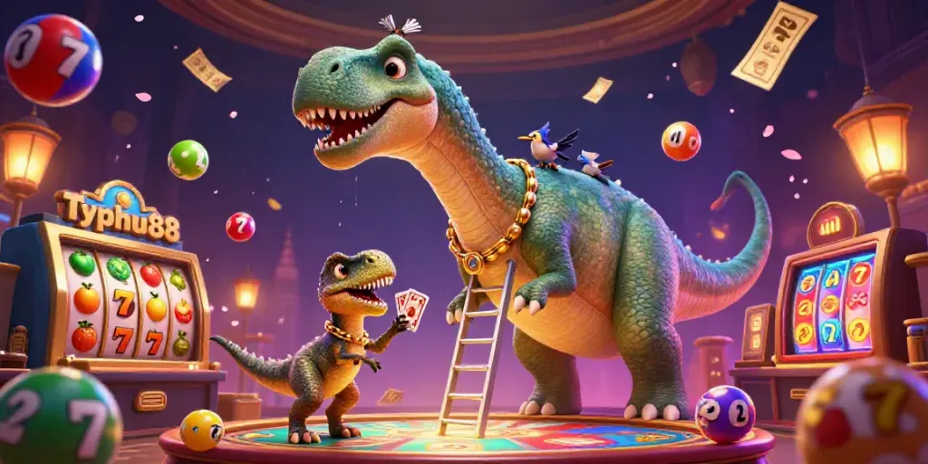 Experience excitement at Typhu88 with a fun-filled casino scene featuring a brontosaurus and a raptor dealer.