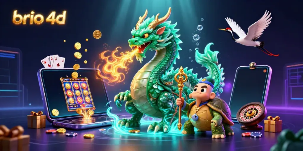 Experience the excitement of brio 4d with a vibrant 3D scene featuring slot games and mystical creatures.