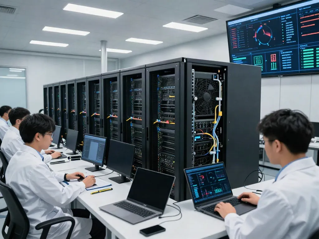 AI data center with GPU servers and engineers analyzing performance metrics in a high-tech environment.