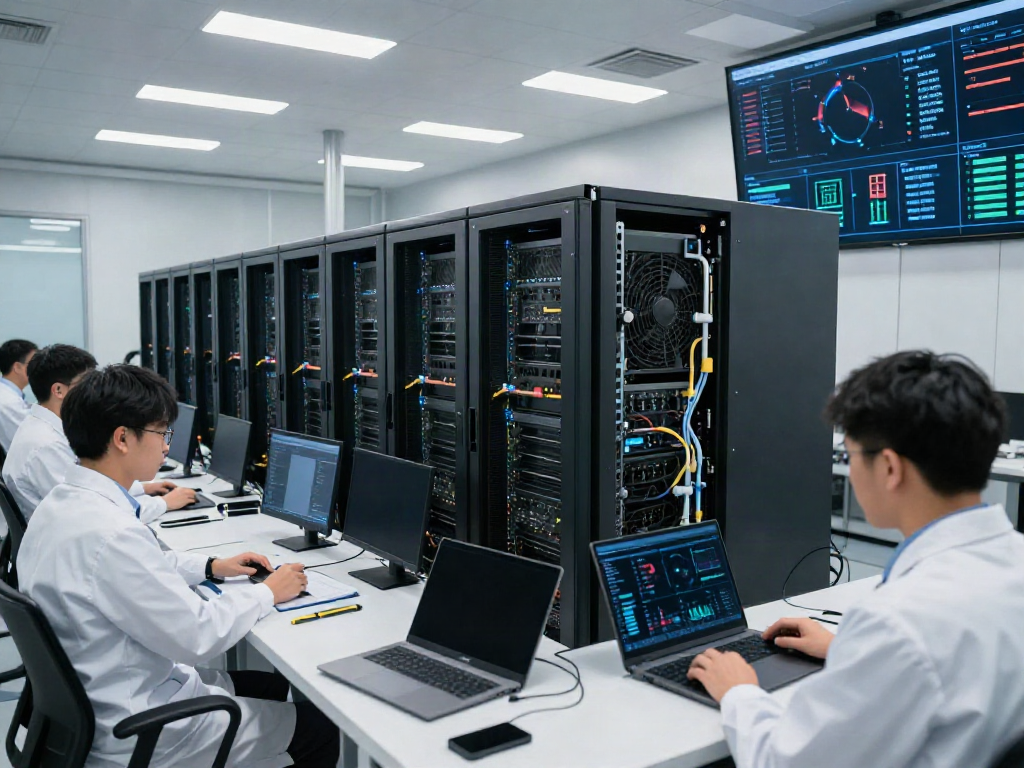 AI data center with GPU servers and engineers analyzing performance metrics in a high-tech environment.