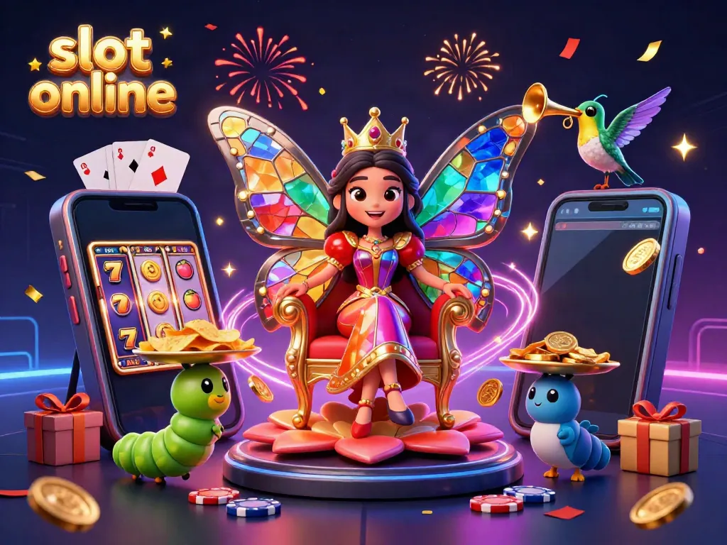 Spin to win with vibrant slot online illustrated scene featuring a butterfly queen, smartphone, and festive elements.