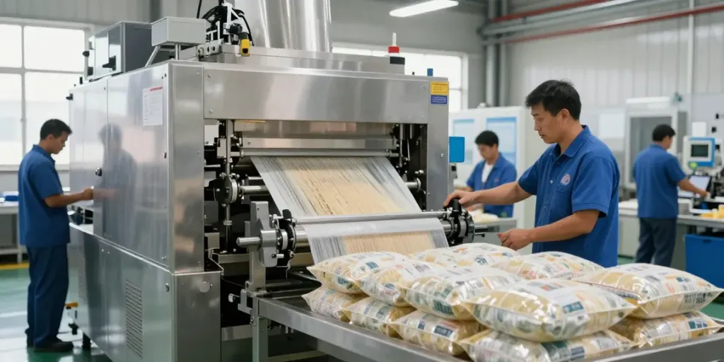 Open mouth bag filling machine efficiently packaging bulk materials in a modern facility.