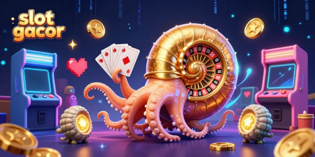 Spin the slot gacor reels with the golden nautilus, bursting with energy and vivid arcade elements.