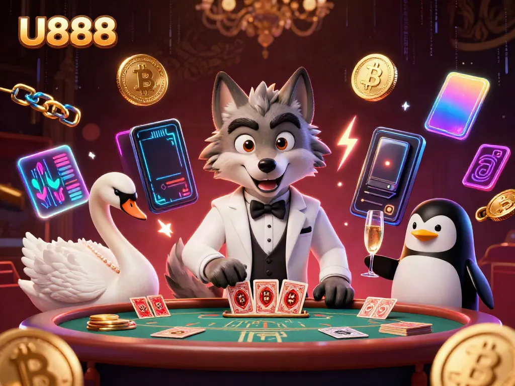Experience the excitement of U888 with a cartoon wolf at the baccarat table alongside a dealer swan and penguin sommelier.