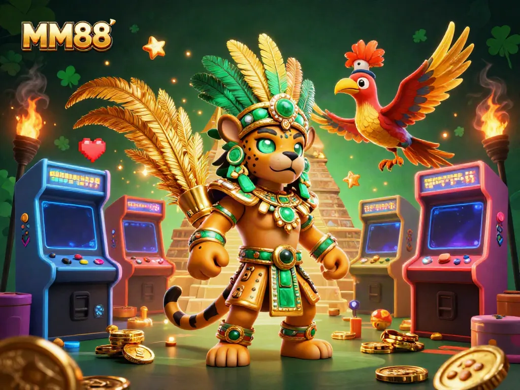 Experience the vibrant energy of MM88's casino world with a Mayan jaguar priest and quetzal bird surrounded by dynamic gaming elements.