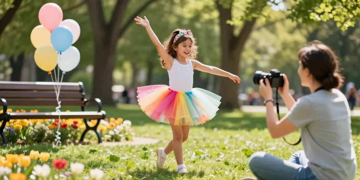 Child in a vibrant tutu from tutu-store.com dancing joyfully in a sunlit park.