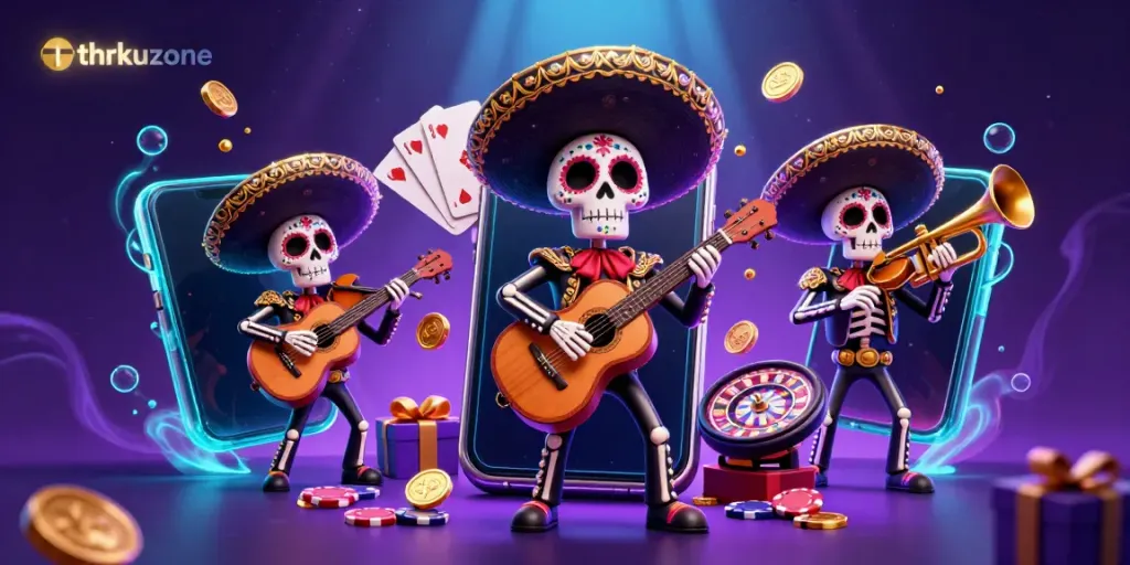 Experience the thrill of thrkuzone with a vibrant casino scene featuring a mariachi band and lively gaming elements.