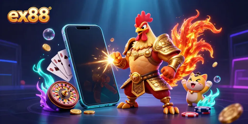 Engage in the thrilling world of ex88 with a fighting rooster warrior and dragon amidst vibrant casino elements.