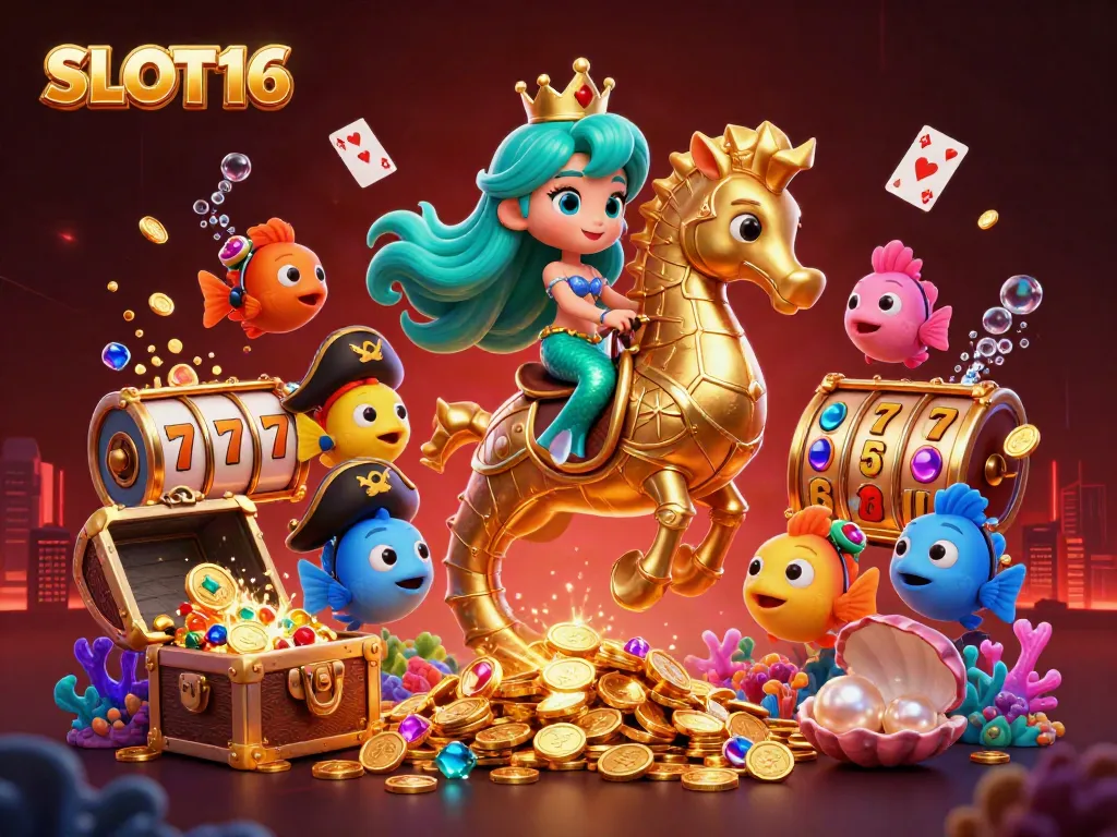 SLOT16 showcases a vibrant underwater scene with characters and iconic gambling elements.