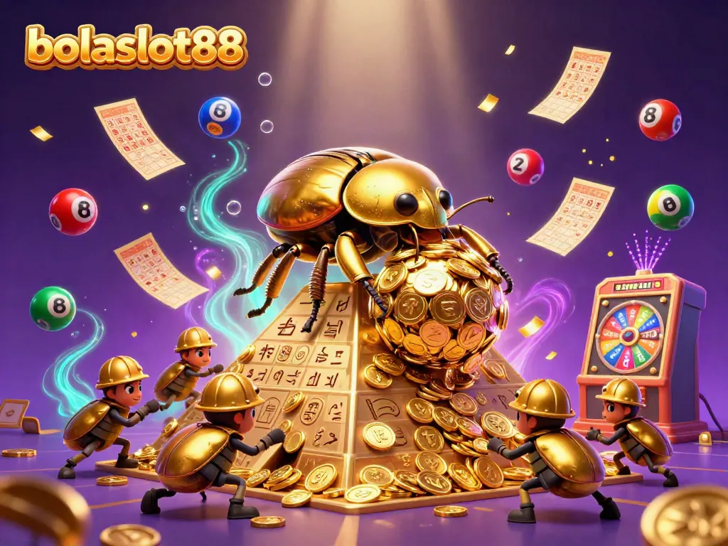Experience thrilling gameplay with bolaslot88 featuring a dynamic scene of golden beetles, casino symbols, and colorful lottery balls.