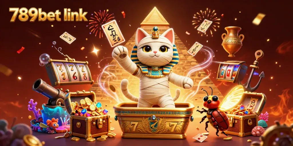 Engage with the 789bet link through this vibrant 3D scene of the Egyptian mummy cat in a casino.