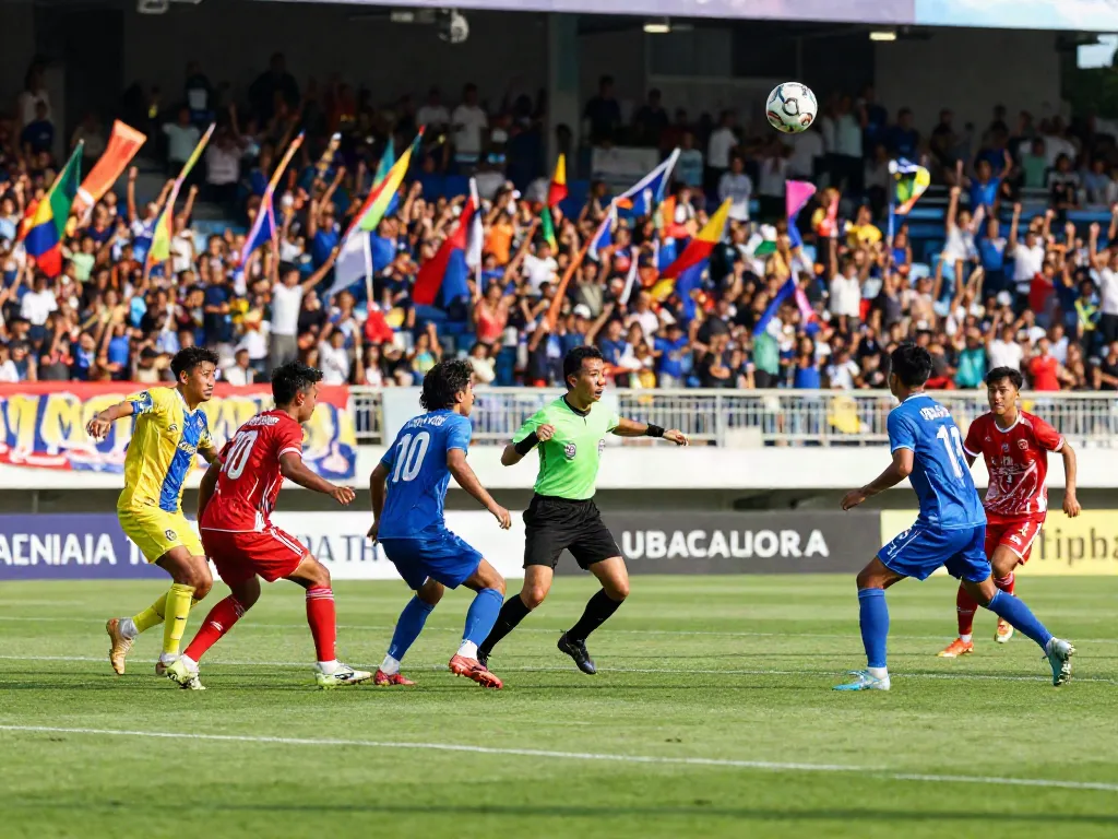 ข่าวฟุตบอลไทย featuring intense soccer action with players competing on a vibrant pitch surrounded by cheering fans.