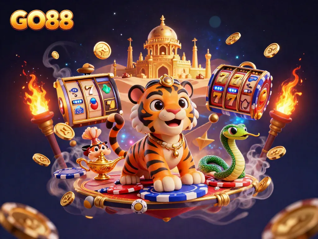 Experience the thrill of GO88 with a vibrant 3D casino illustration showcasing an adventurous sultan and magical elements.