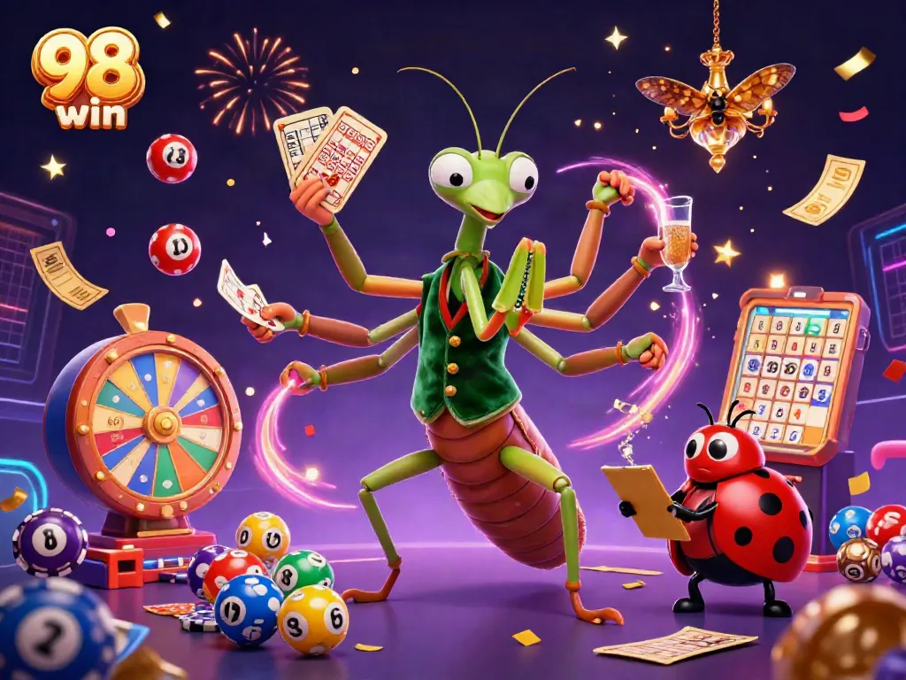 Engage with 98 win for thrilling lottery and gaming action featuring colorful elements and vibrant characters.
