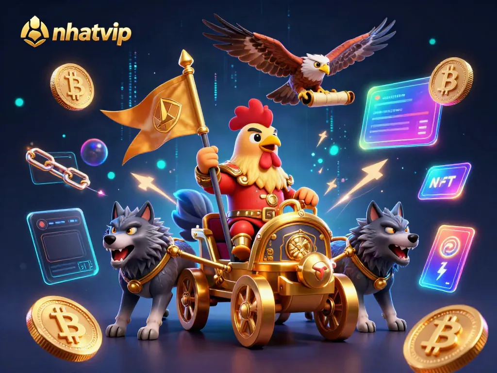 Nhatvip showcases a roaring online casino scene with a rooster warlord in a golden chariot surrounded by crypto elements.