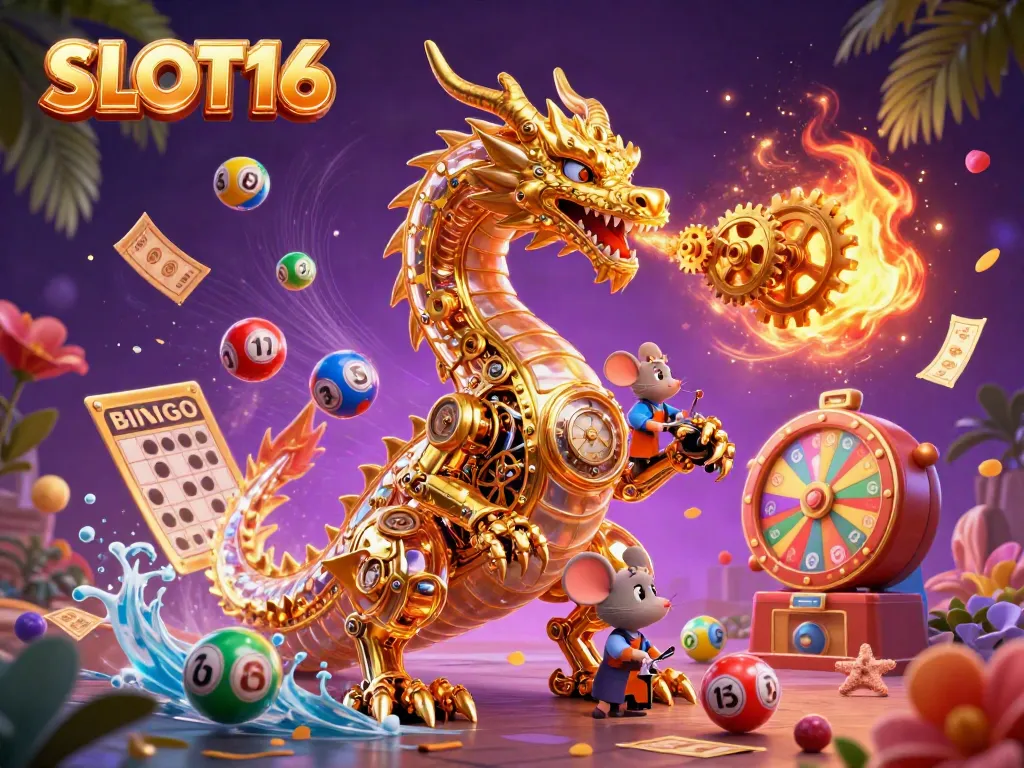 SLOT16 showcases an animated golden dragon amidst a vibrant casino-inspired scene with colorful elements.