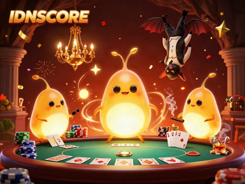 IDNSCORE brightens a cave casino scene with glowing glowworms illuminating a poker table and festive confetti.