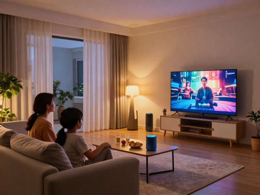 Family enjoying a movie night in a smart home with a شمارش نورانی speaker and automated lighting, emphasizing technology and comfort.