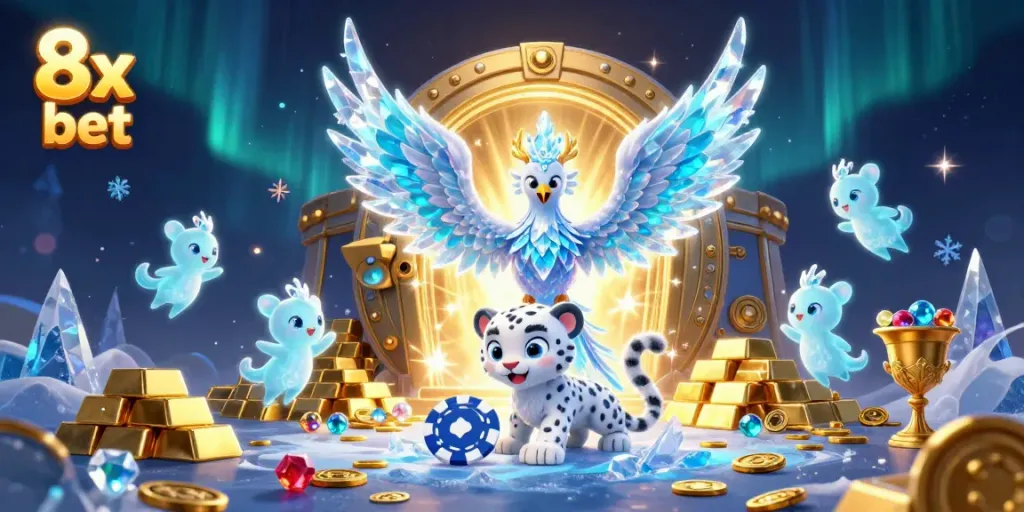 Win big with 8x bet featuring a vibrant casino scene with ice phoenix and gold treasures.