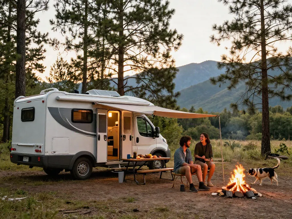 Couple enjoying camping with their RV powered by a lithium battery for rv, surrounded by nature.