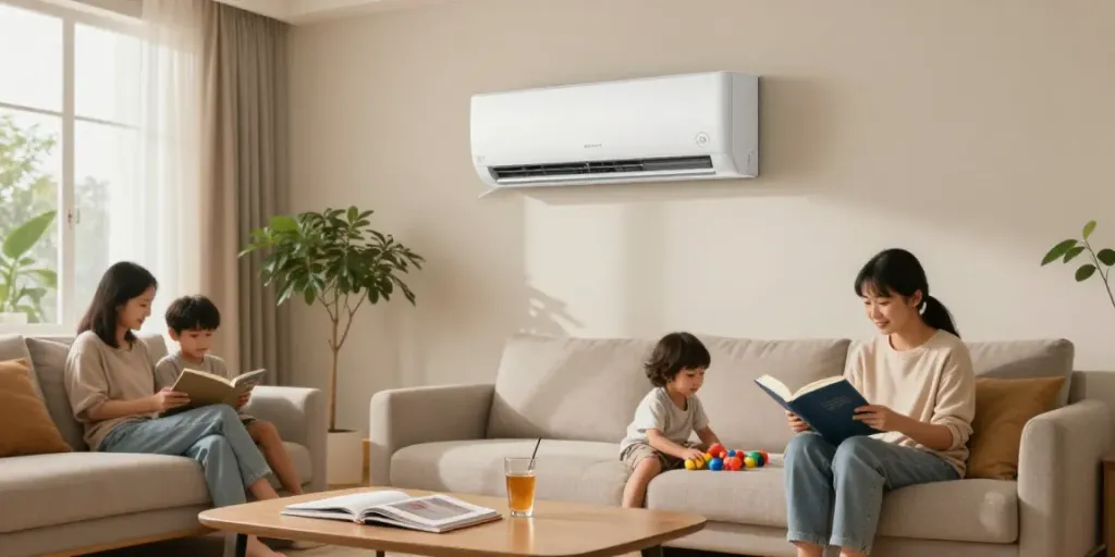 Cozy living room with a mini split AC system, family enjoying evening activities.