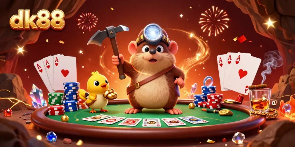 Experience glory and excitement with dk88 as the treasure hunter mole explores a sparkling cave filled with casino treasures!