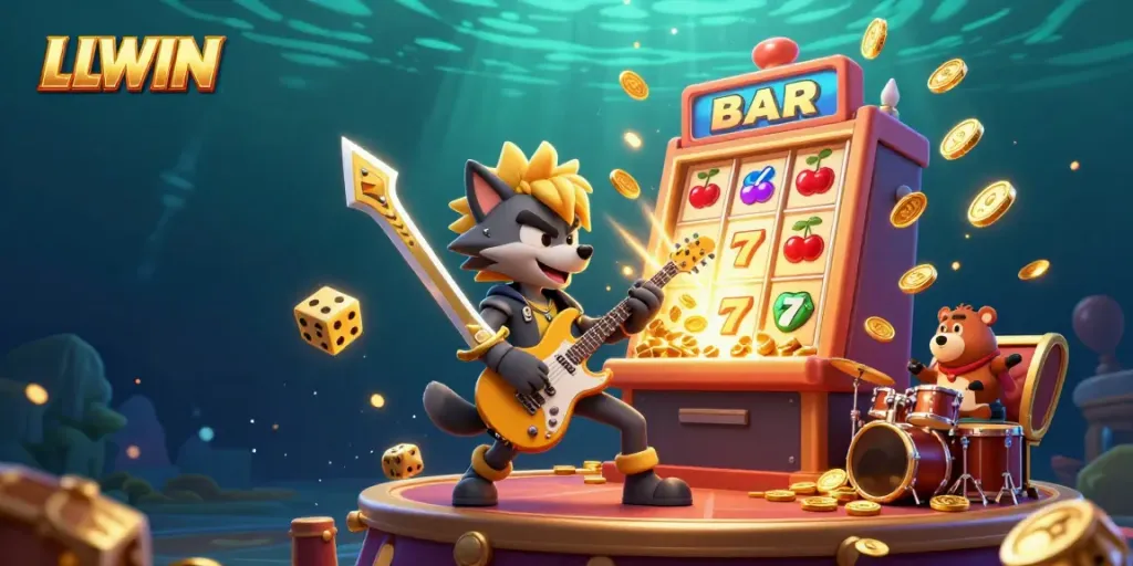 Experience LLWIN's vivid casino atmosphere with a rock star fox and drummer bear in a dynamic setting.