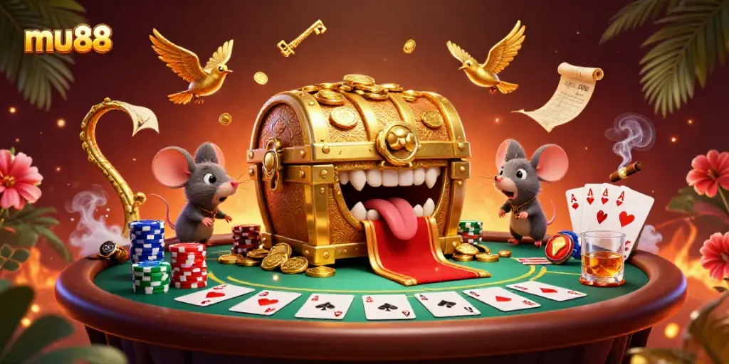 Experience thrilling action with mu88 as golden treasure chest lures adventurers, surrounded by vivid poker elements.