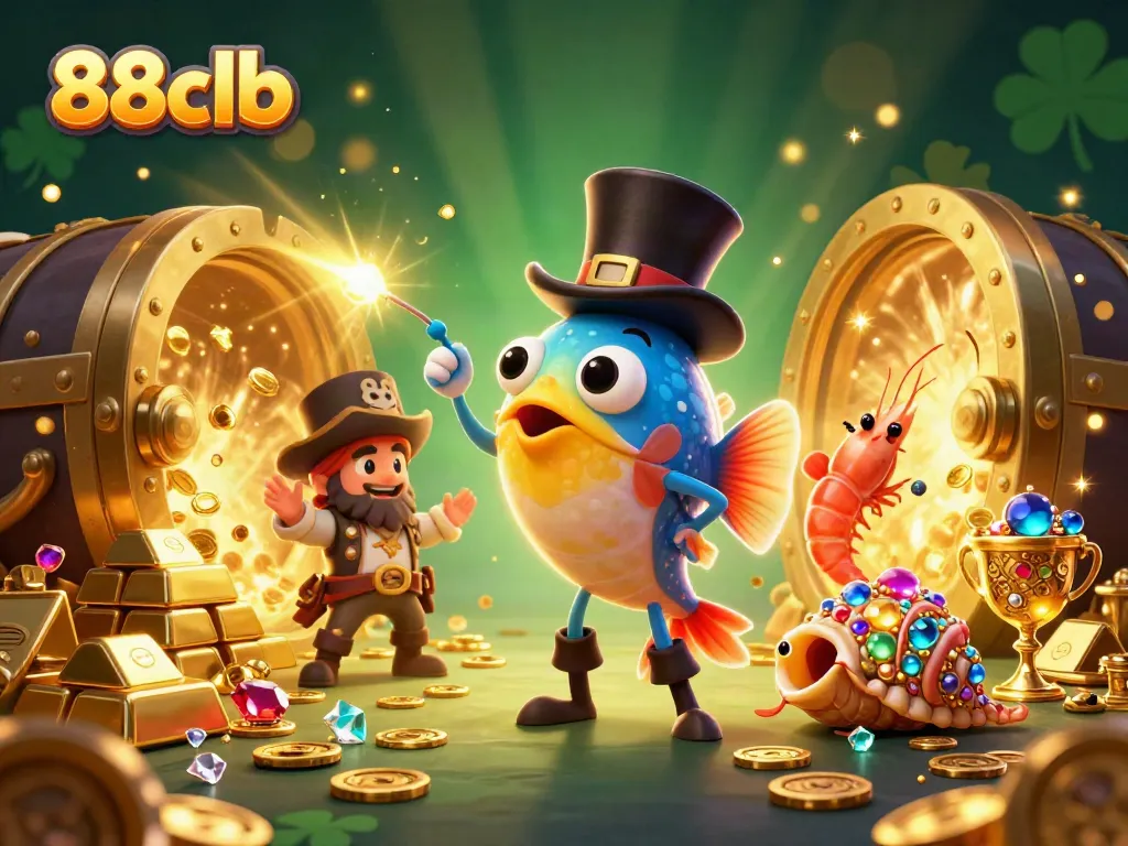 88clb captures the excitement of winning with lively sea characters attracting gold and jewels in a vibrant illustration.