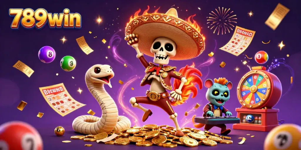 Experience the thrill of 789win with a lively scene featuring a mariachi rooster, a mummy snake, and a zombie DJ celebrating on golden coins amidst colorful lottery elements.