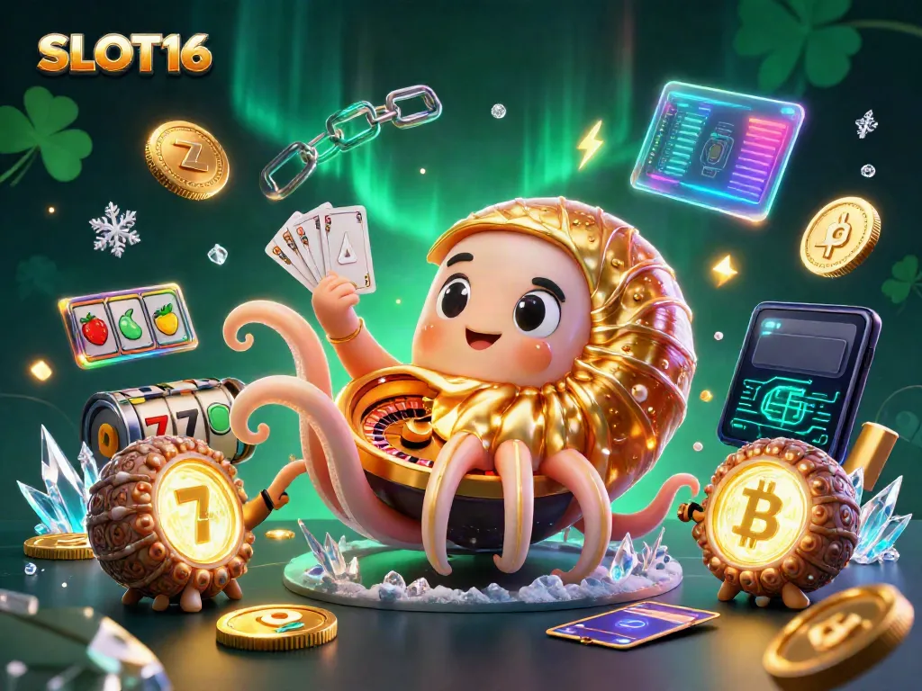 Engage with SLOT16, featuring captivating slot reels and ancient nautilus in a vibrant casino scene.