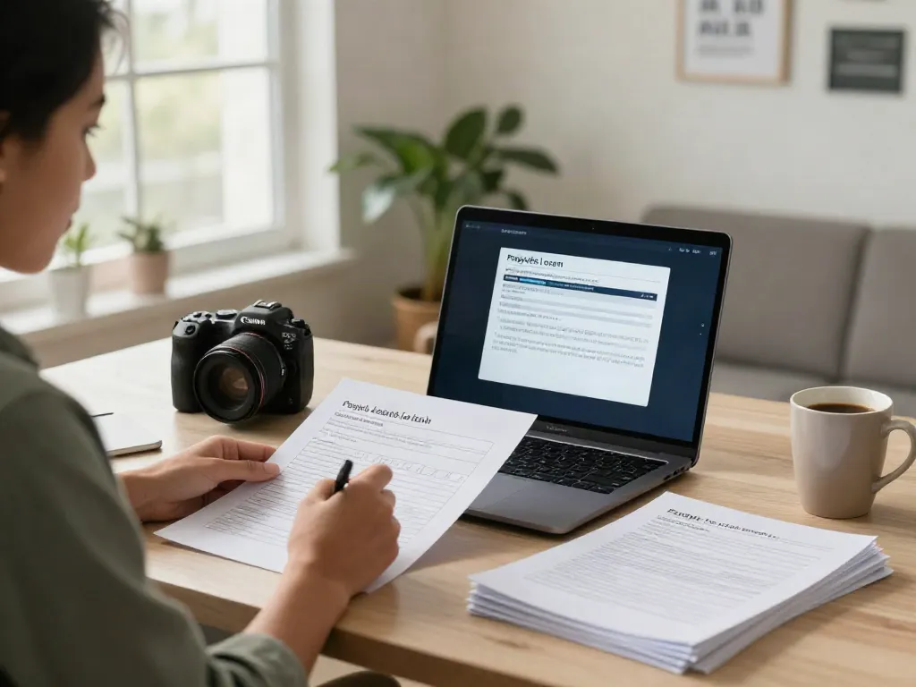 Individual applying for payday loans at https://alberta.paydayloans-on.ca/ in a well-lit home office.