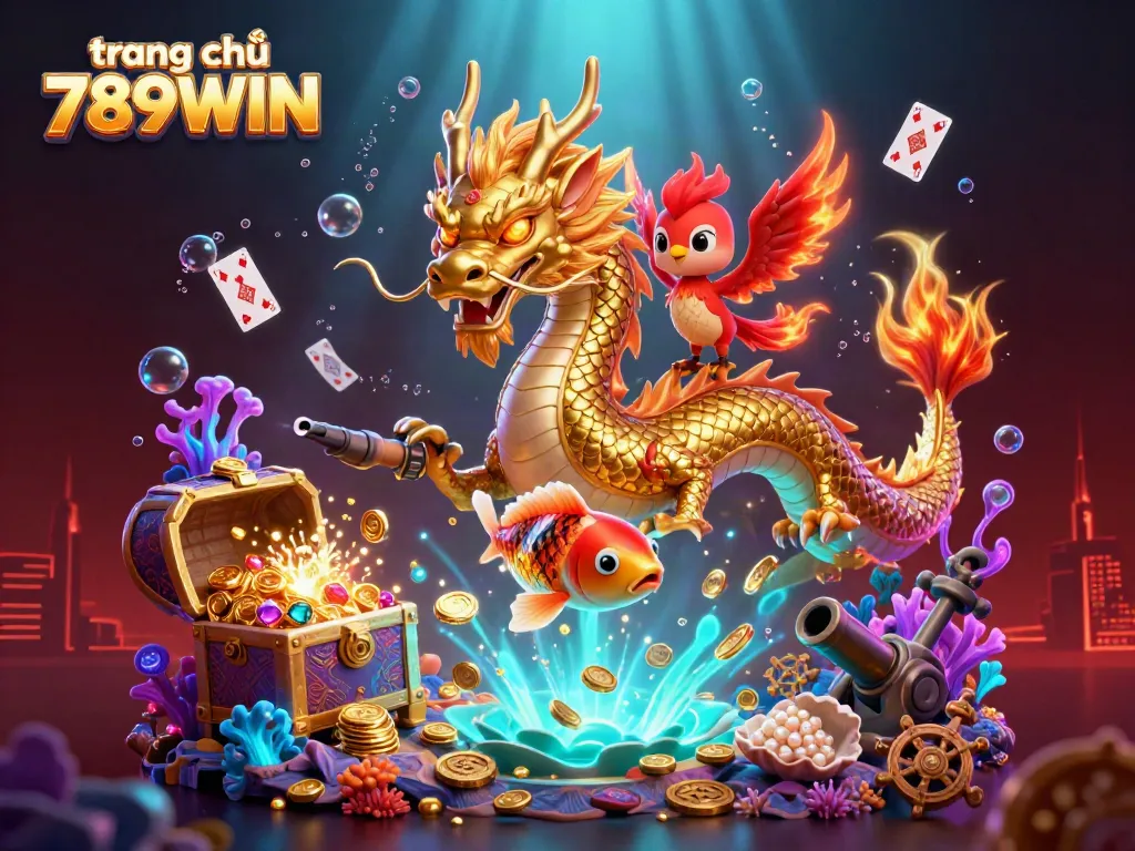Experience vibrant gaming with trang chủ 789WIN featuring a golden dragon, phoenix, and koi amidst explosive treasures.