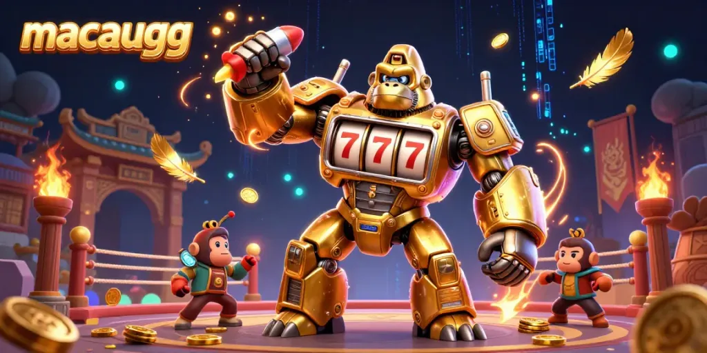 Win big with macaugg in this vibrant, dynamic 3D illustration of a golden gorilla mech amidst casino elements.