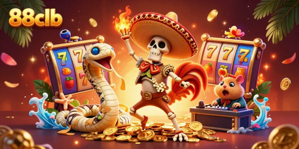 Experience the excitement of 88clb with lively characters dancing among slot reels and sparkling symbols.