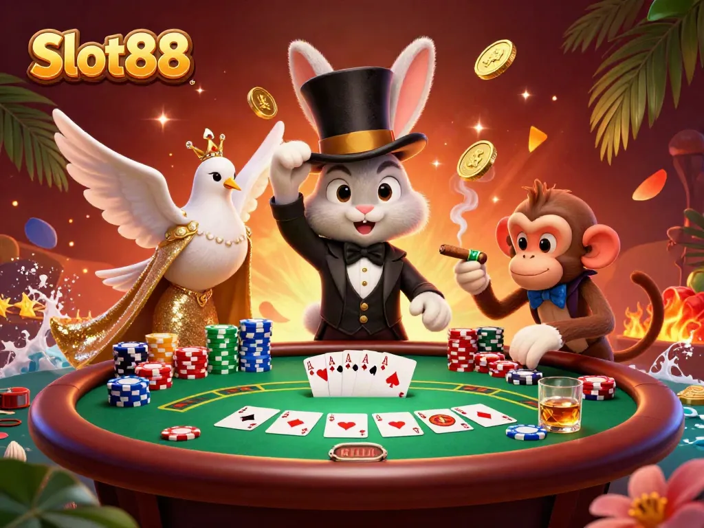 Engage with Slot88 through a magical scene of a rabbit, dove, and monkey among casino elements.