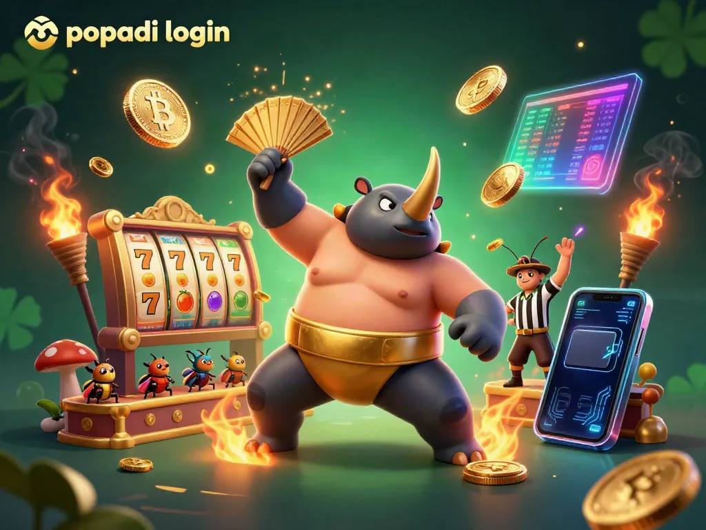 Experience the thrill of mpopadi login with a dynamic scene of an online casino featuring vibrant slot reels and a champion beetle.