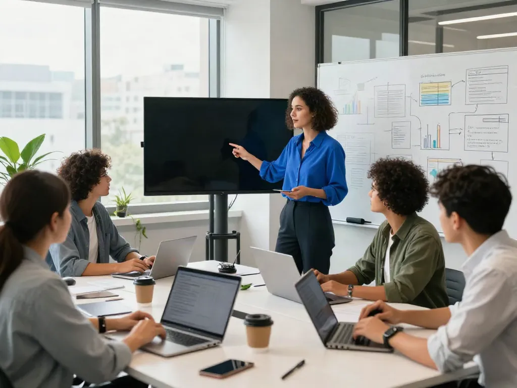 Team collaboration in a dynamic office, emphasizing innovative technology solutions and productivity, 주소모음 concept.