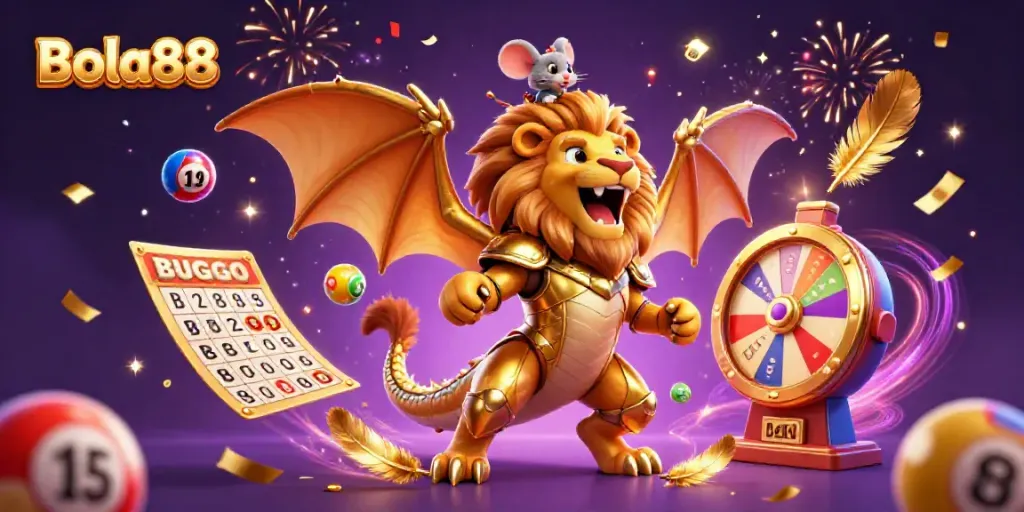 Bola88 showcases vibrant casino fun with a roaring chimera and colorful lottery elements, celebrating the excitement of gaming.