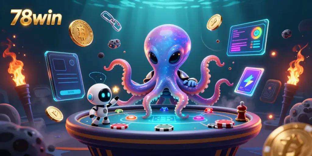 Engage with 78win's thrilling poker scene featuring a cosmic octopus at play.