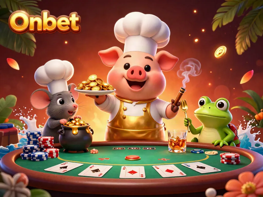 Experience the thrill of Onbet with a festive casino scene featuring rich visuals and vibrant characters.