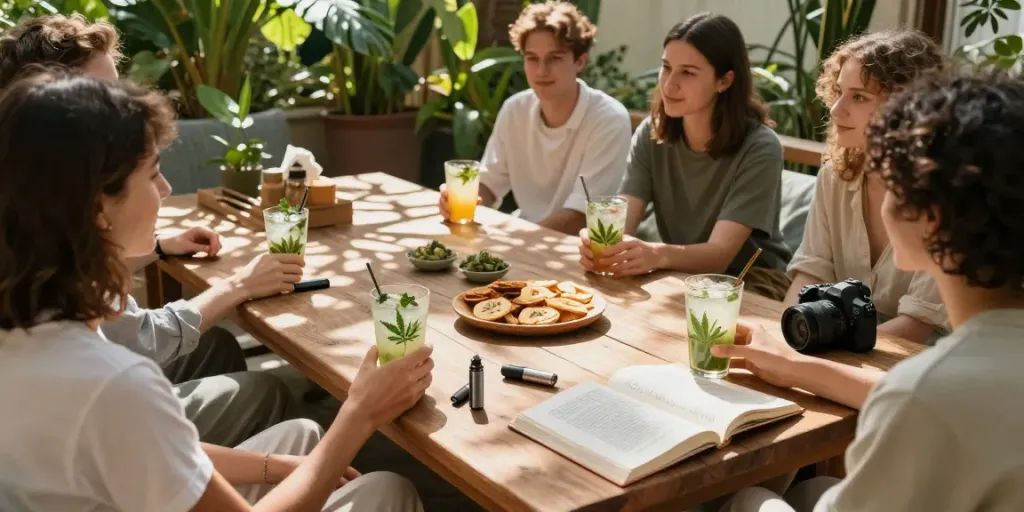 sg vape delivery via natural hemp-infused refreshments at a casual outdoor gathering with friends, showcasing wellness.